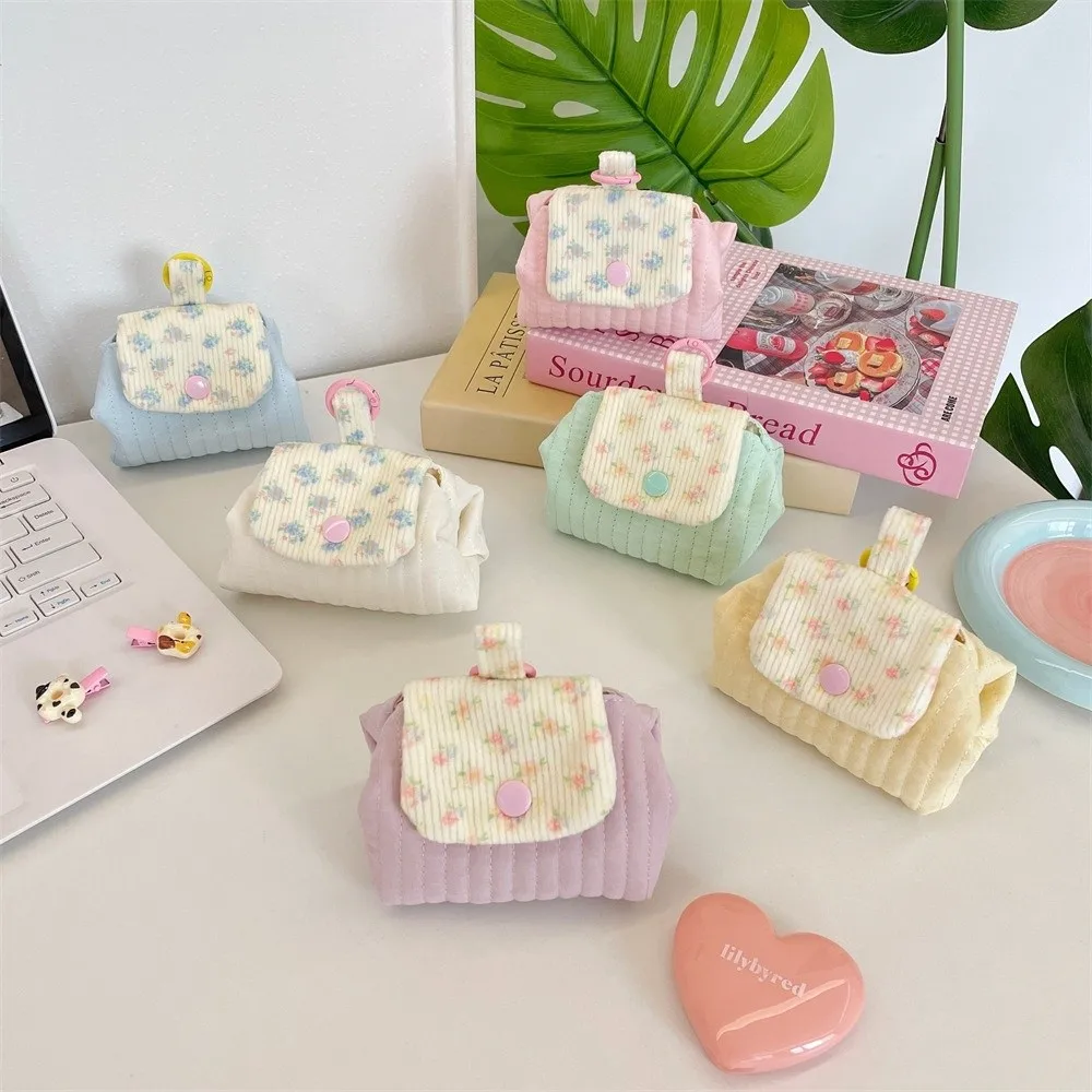Cute Quilted Earphone Storage Bag Floral Snap Button Coin Purse Contrast Color Mini Lipstick Storage Pouch for Student Girls