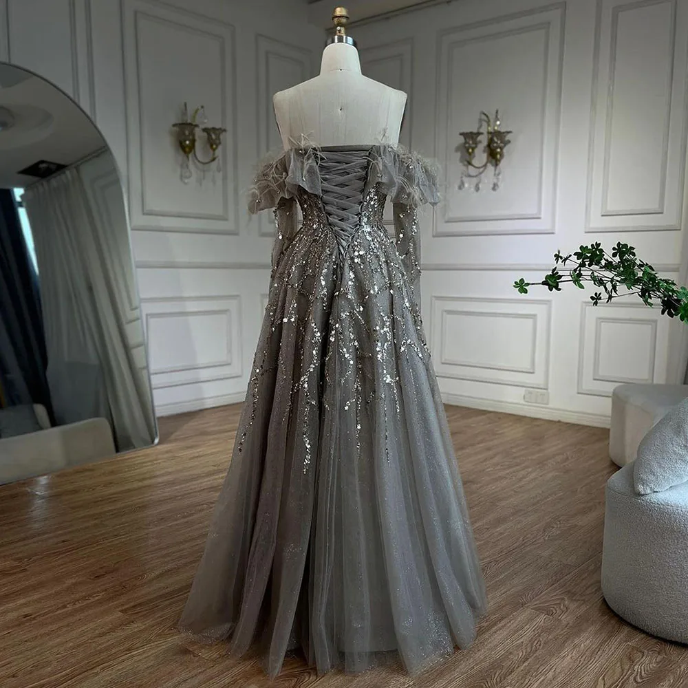 Serene Hill Arabia Caramel A-Line Elegant Beaded Feather Sparkle Evening Dresses Gowns For Woman Wedding Party 2024 LA71328A