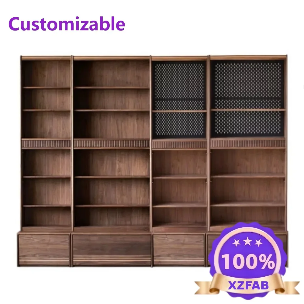 Factory Direct 2026 Black Walnut Bookcase Glass Display Cabinet Custom Full-Wall Storage with Built-in Banquette