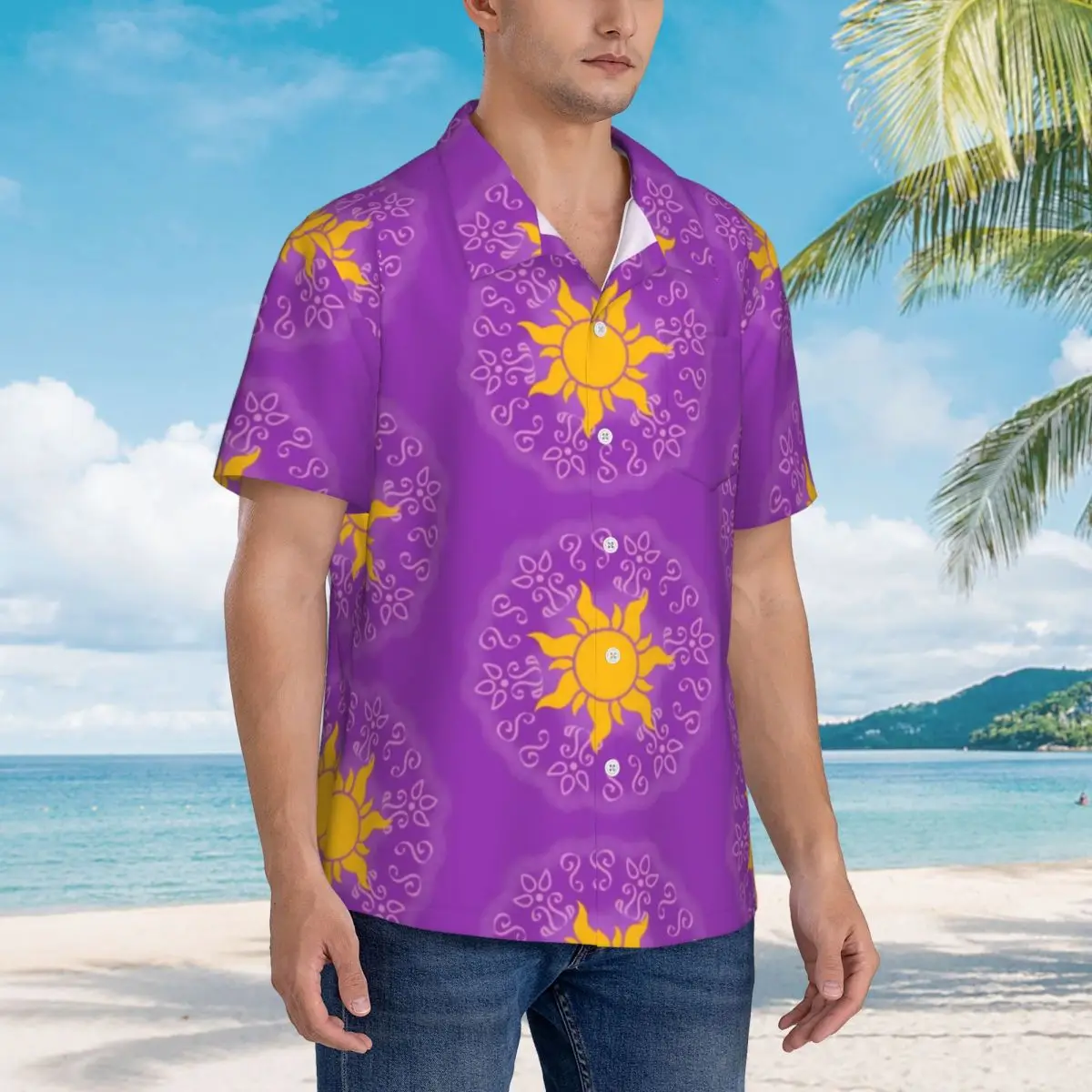 Golden Sun Beach Shirt Men Pink Swirls Casual Shirts Summer Short-Sleeve Pattern Loose Oversize Blouses Gift