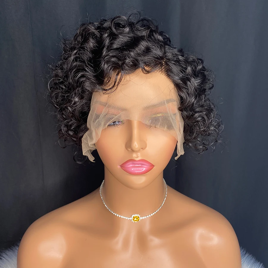 Water Wave Pixie Cut Human Hair Wig - Ultra-Realistic 13x4x1 Lace Front with Pre-Plucked Hairline, Transparent Lace for Womens F