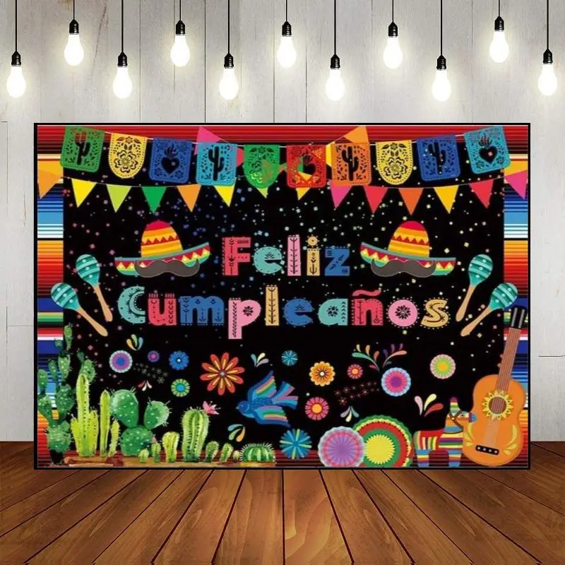 

Mexico Mexican Fiesta Theme Cinco De Mayo Colorful Banner Party Wall Photography Backdrop Decoration Custom Happy Birthday Photo