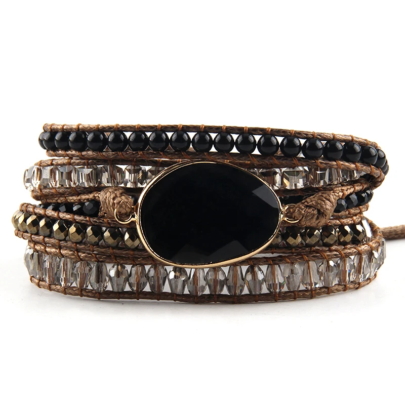 RH Fashion Leather Boho Armbander Green Mixed Natural Stones Charm 5 Strands Beaded Wrap Bracelets DropShipping
