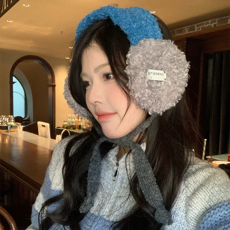 Niche Korean Version of Color Matching Lamb Wool Earmuffs Winter Warm Cycling Ear Protectors Lace-up Fashion Headband for Women