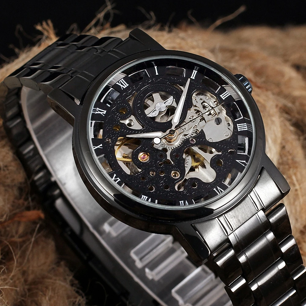 WINNER Classic Black Skeleton Mechanical Watches Retro Luminous Hands Luxury Brand Automatic Mens Watch Stainless Steel Strap