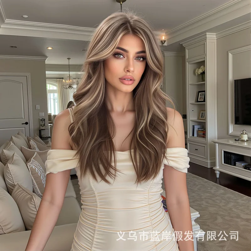 女性用フルヘッドウィッグ、ファッショナブルなハイライト、グラデーションゴールデンロングカーリーヘア、合成繊維ウィッグ