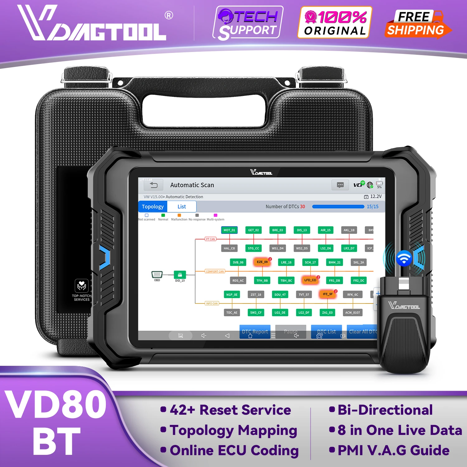 

VDIAGTOOL VD80BT Car Diagnostic Tool Topology Map Scanner Bidirectional Scan Tool ECU Coding Key Programming CAN FD 42+ Resets
