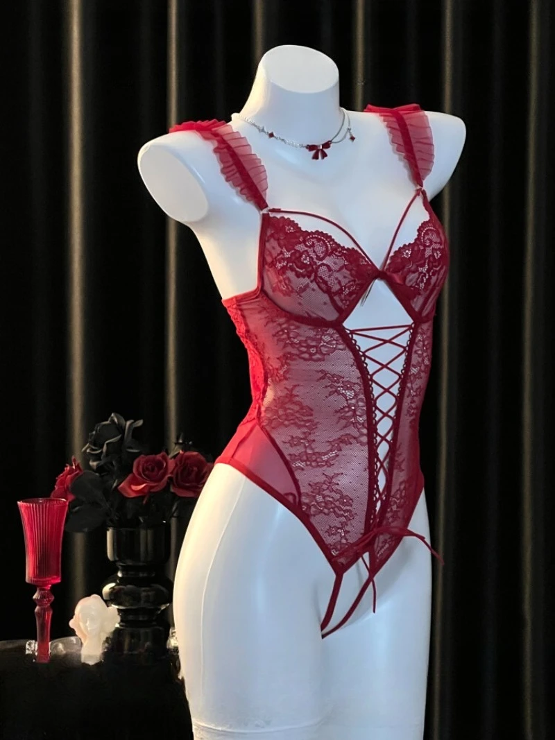 

Red Lace Halter Jumpsuit for Women,Drawstring Detail,Elegant See-Through Sleepwear,Romantic Homewear,French-Inspired Pajama