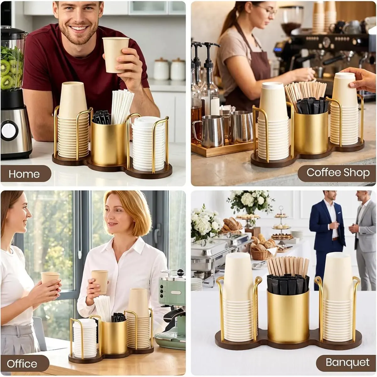 Coffee Cup Dispenser with Straw & Stirrer Holder, Wooden Base Multi-Slot Organizer for Home Kitchen Black