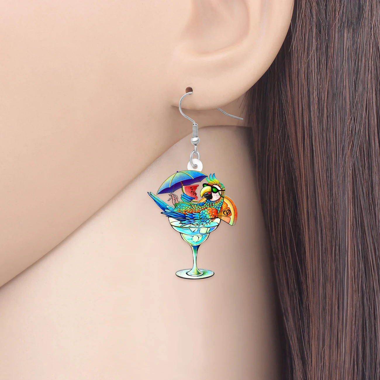 BONSNY Acrylic Macaw Parrot Earrings Tropical Birds Cocktail Glass Hawaii Summer Holiday Jewelry Gifts For Women Beach Lovers