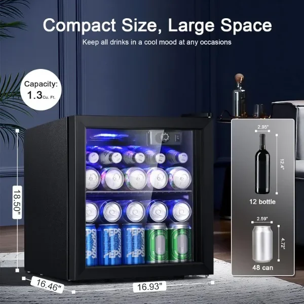 /48 Can Beverage Refrigerator, Wine Cooler/Cabinet, Mini Drink Fridge, Clear Front Glass Door