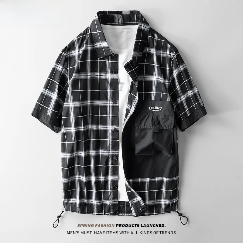 

Summer Plaid Short Sleeve Men's Shirt New Fashion Color Block Large Pocket Drawstring Hem Shirt Youth Popular Daily Wear