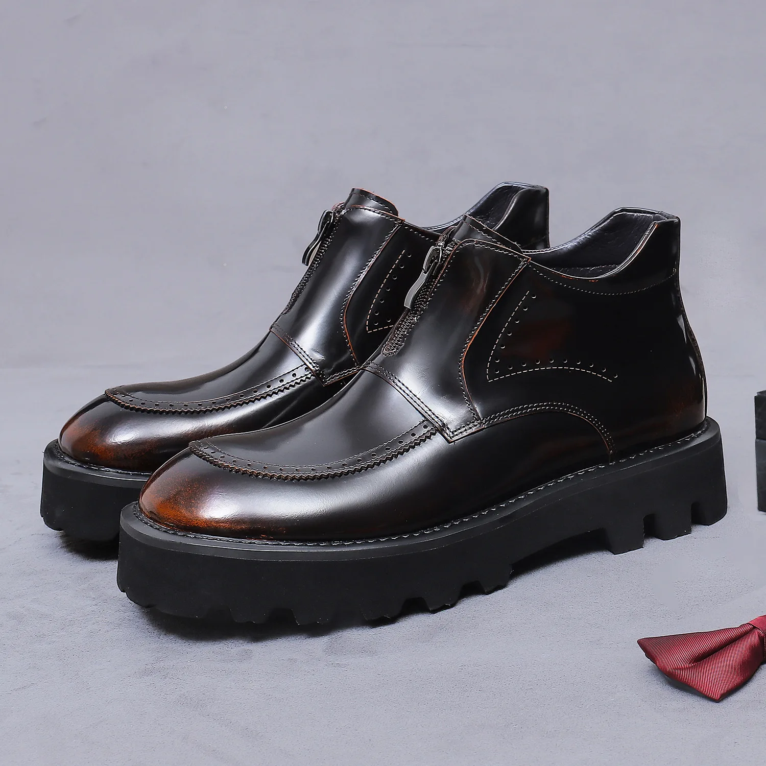 Men's Genuine Leather Brogue Patent Combat Boots | Chunky Thick Sole Ankle Boots | Fashion British Style Versatile Footwear