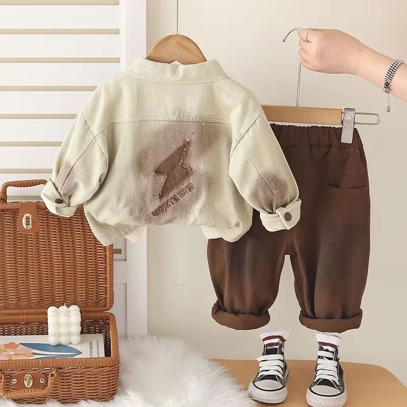 

Boys' Spring and Autumn Set Fashion 2026 New Style Children's Baby Casual Coat+T-shirt+Pants 3-Piece Set