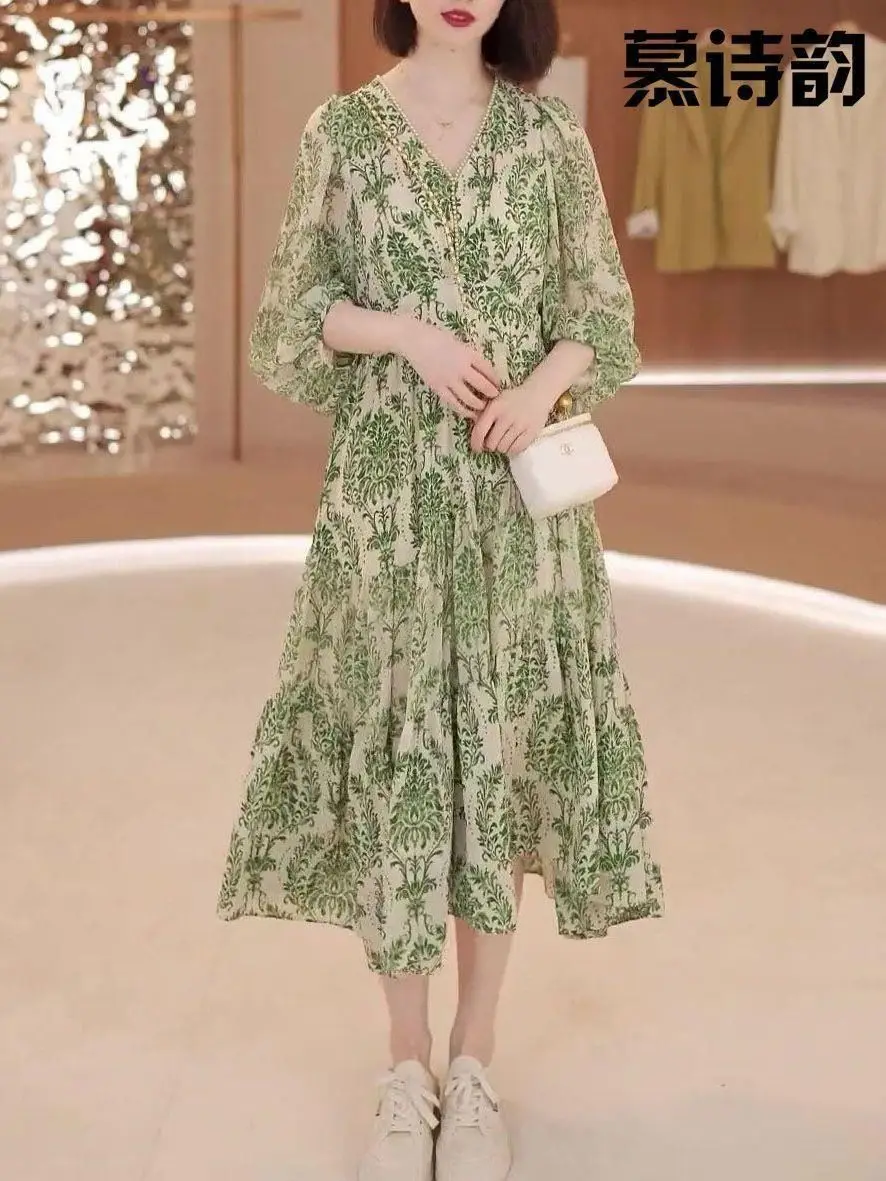 Mingyuan فستان زهري صيفي نمط جديد فانوس الأكمام الخامس الرقبة الخصر cinched لتغطية فستان التخسيس مزاجه البطن