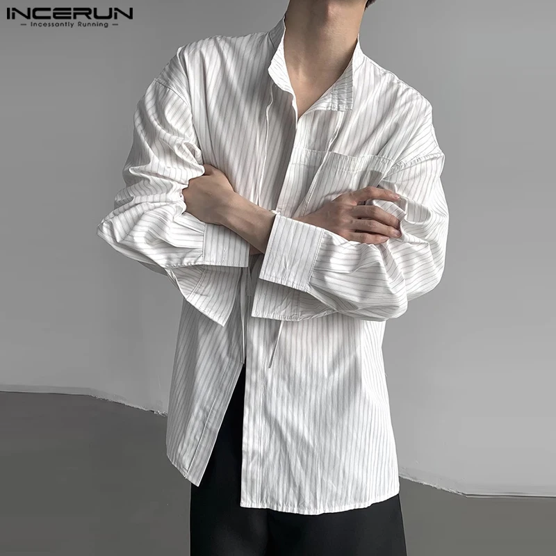 

INCERUN Tops 2024 Korean Style New Men's Striped Tie Design Shirts Casual Streetwear Male Well Fitting Long Sleeved Blouse S-5XL