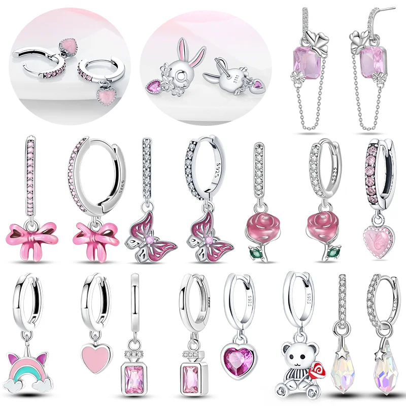 925 Sterling Silver Valentine\'s Day Love Pink Rainbow Series Shiny Zircon Earrings Female Earrings Wedding Engagement Birthday
