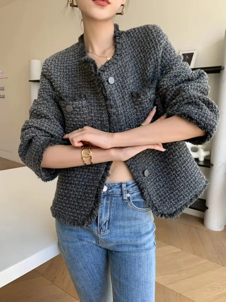 Insozkdg Gray Tweed Jacket Women Spring-Autumn Fringed Edge Elegant Simple Tweed Short Blazer Female Office Lady Coat Hot Sale