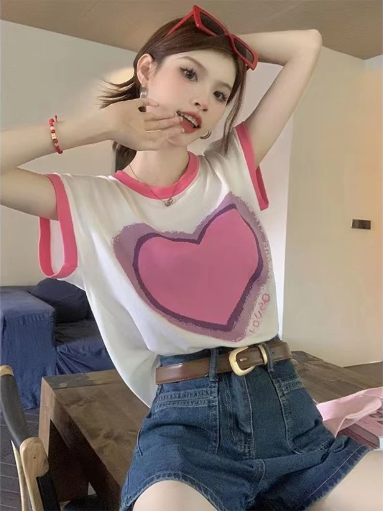 T-shirts Women Love Creativity Sweet All-match Summer Ladies Simple Daily Korean Style Vintage Delicate Elegant Basics Comfort