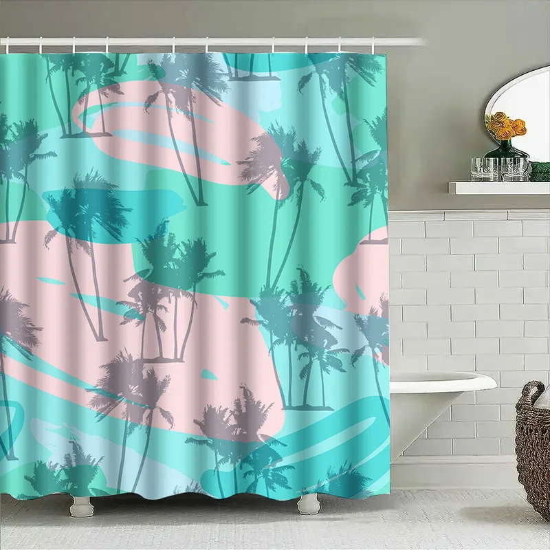 Vibrant Palm Tree Shower CurtainBeachy Turquoise Pink Pattern for Bathroom Decor Easy Clean Fabric with Hook Rings Set