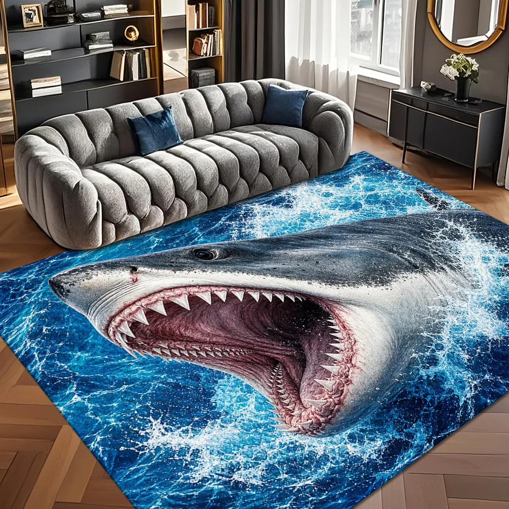 1pc Modern Blue‑Grey Shark Pattern Area Rug, Non‑Slip Back, Machine‑Washable, 2D Flat Design, Perfect for Living Room