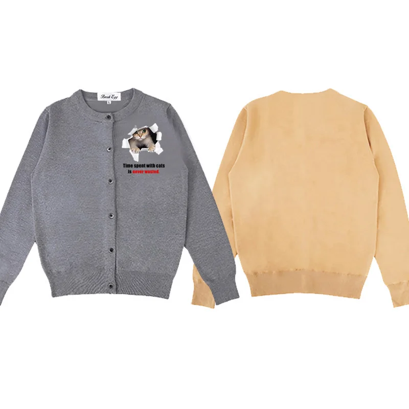 

Broken Paper Pet Cat Print Women Cardigan Cotton Cute Snag Heart Embroidery O-Neck Single Breasted Long Sleeves Autumn Sweater
