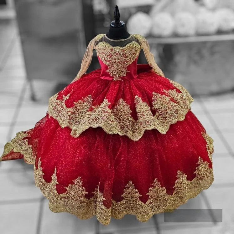 Rote Blumenmädchenkleider für die Hochzeit, goldene Applikation, volle Ärmel mit Schleife, Ballkleider, Erstkommunion, Kindergeburtstagsparty-Kleider