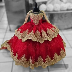 Vestido completo de flor vermelha com arco para meninas, vestidos de baile, aplique dourado, primeira comunhão, aniversário infantil, casamento