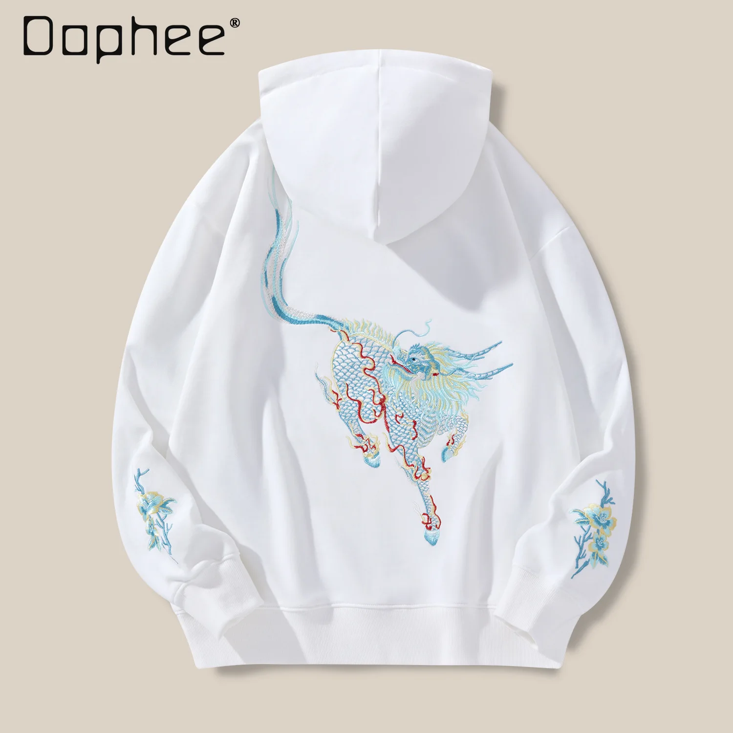 2026 Spring Autumn Chinese Style Kirin & Floral Embroidered White Hoodie Fashion Casual Daily Black Hooded Top for Men