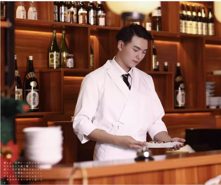 ชุดยูนิฟอร์มเชฟญี่ปุ่นสีขาว เสื้อซูชิ ชุดทำงานร้านอาหารสำหรับผู้ชาย เสื้อคลุมทำอาหาร ชุดกิโมโน
