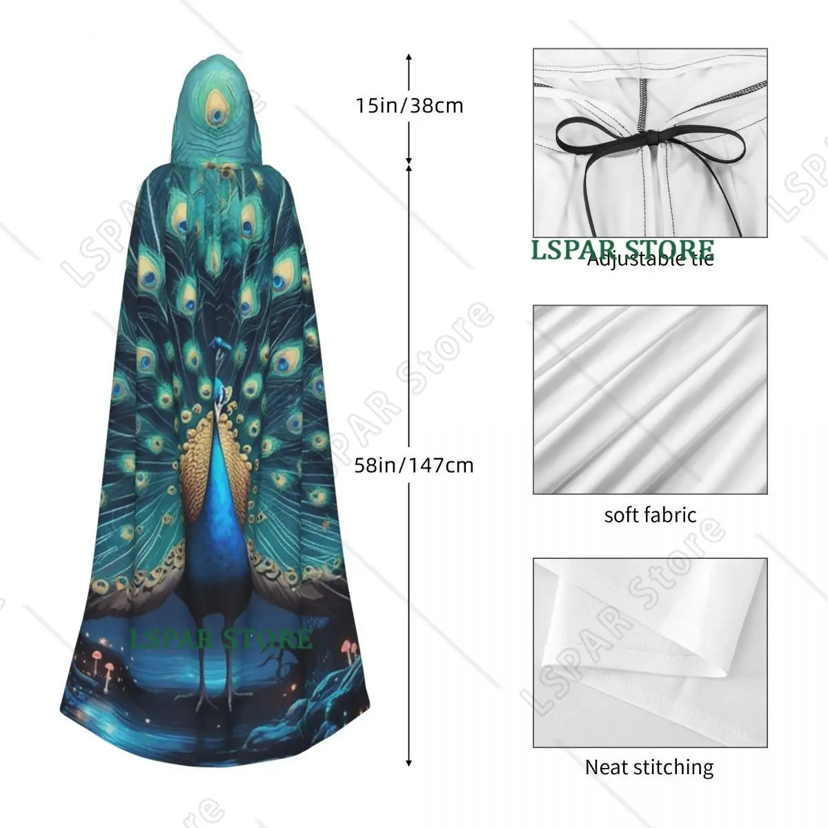 Mesmerising Peacock Feathers Long Hooded Cloak Witch Medieval Costume Cosplay Cape HalloweenVampire Adult Unisex