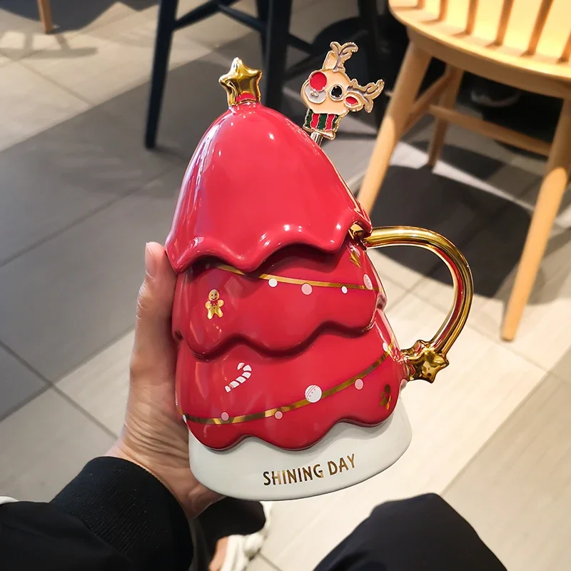 420Ml Anti Scald Christmas Tree Ceramics Couple Coffee Mug Breakfast Milk Cup Home Decorations Valentine Girl Gift P17