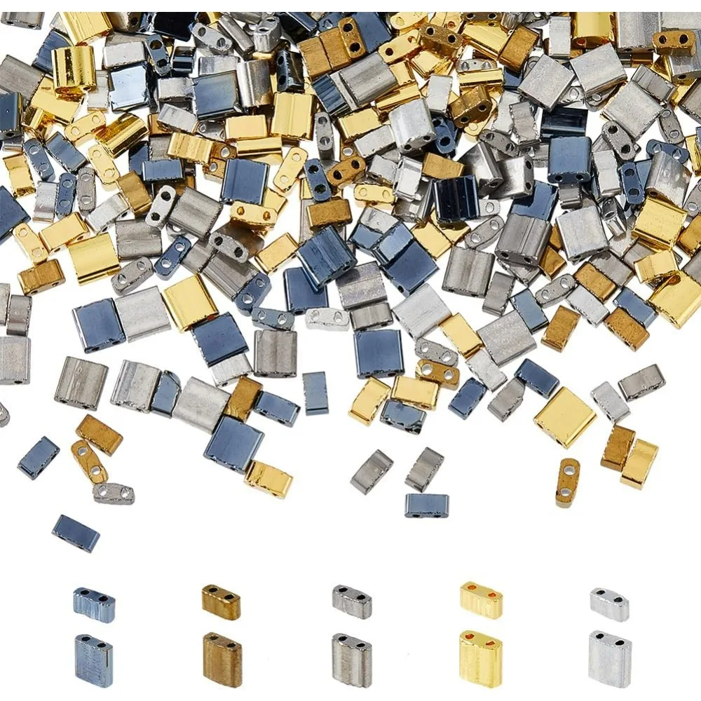 350Pcs Rectangle Tila Beads 5 Colors 2 Hole Glass Seed Beads Golden Silver Gunmetal Hematite Color Half Cut Tila making kit