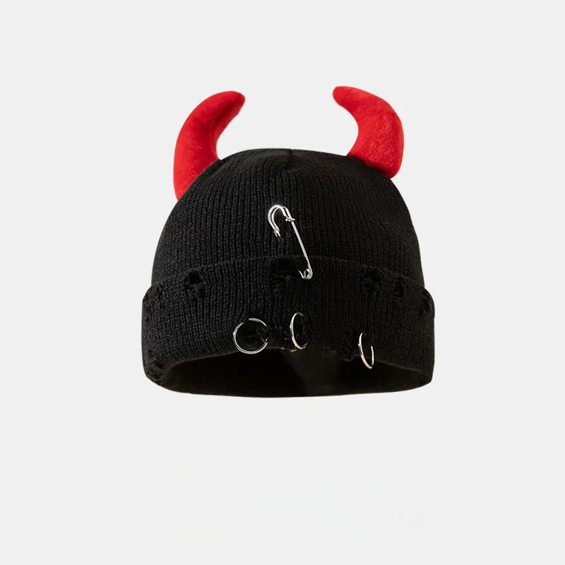 Neue Unisex Strickmütze mit Teufelshörnern Halloween Distressed Skull Cap Hip Hop Winter Warme Garnmütze für Männer Frauen – Detail 4