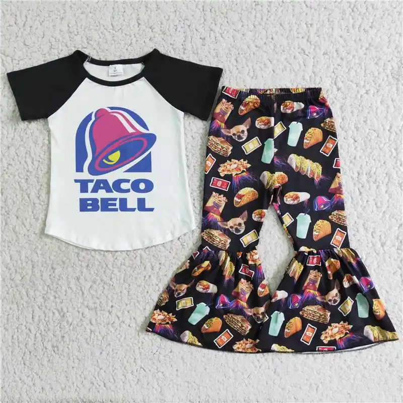 

Новинка 2022 года, рубашка RTS Taco Bell для маленьких девочек, черный и белый цвета, оптовая продажа, Детская бутиковая одежда, одежда с принтом чихуахуа, Лидер продаж