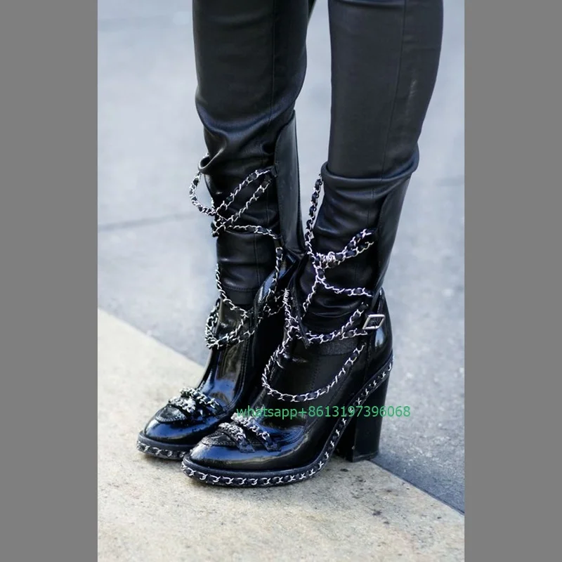 Lady vintage chain design pointed toe calf boots chunky heel hollow design T show cool black dress boots size 34-46 footwear