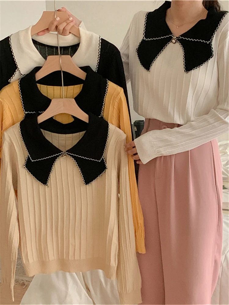 Colorfaith SW5224DG New 2023 Bow Oversized Vintage Pullovers Elegant Lady Wild Korean Fashion Knitted Women Spring Winter Tops