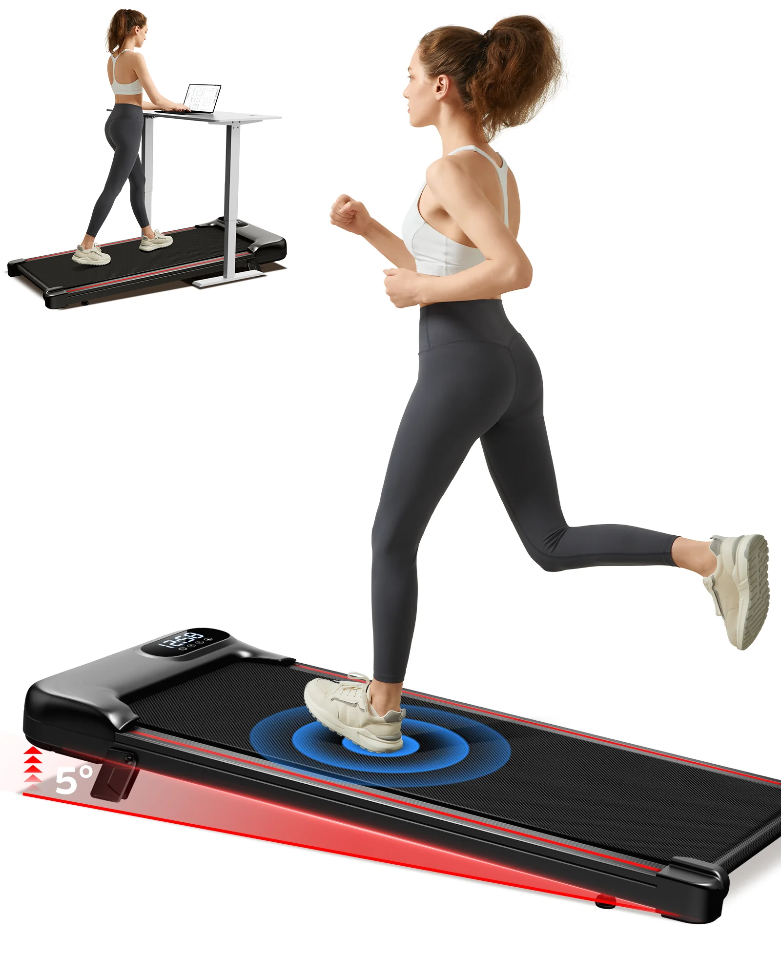 Cinta de correr subescritorio inclinada de 2,5 HP, triple protección de rodilla, con aplicación y controles remotos