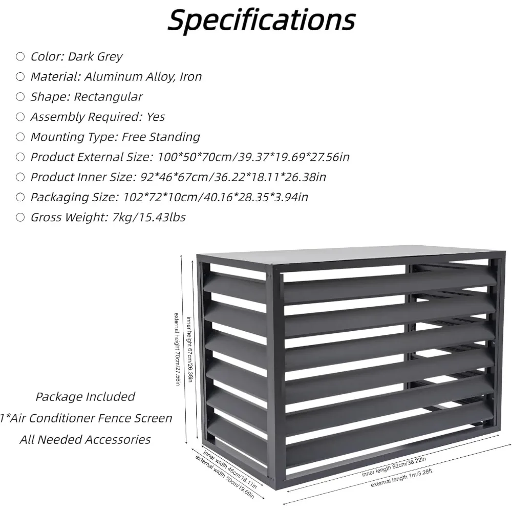 エアコンフェンス 39.37インチx19.69インチx27.56インチ 屋外ユニット用プライバシーフェンスカバー、アルミニウム合金エアコンカバー