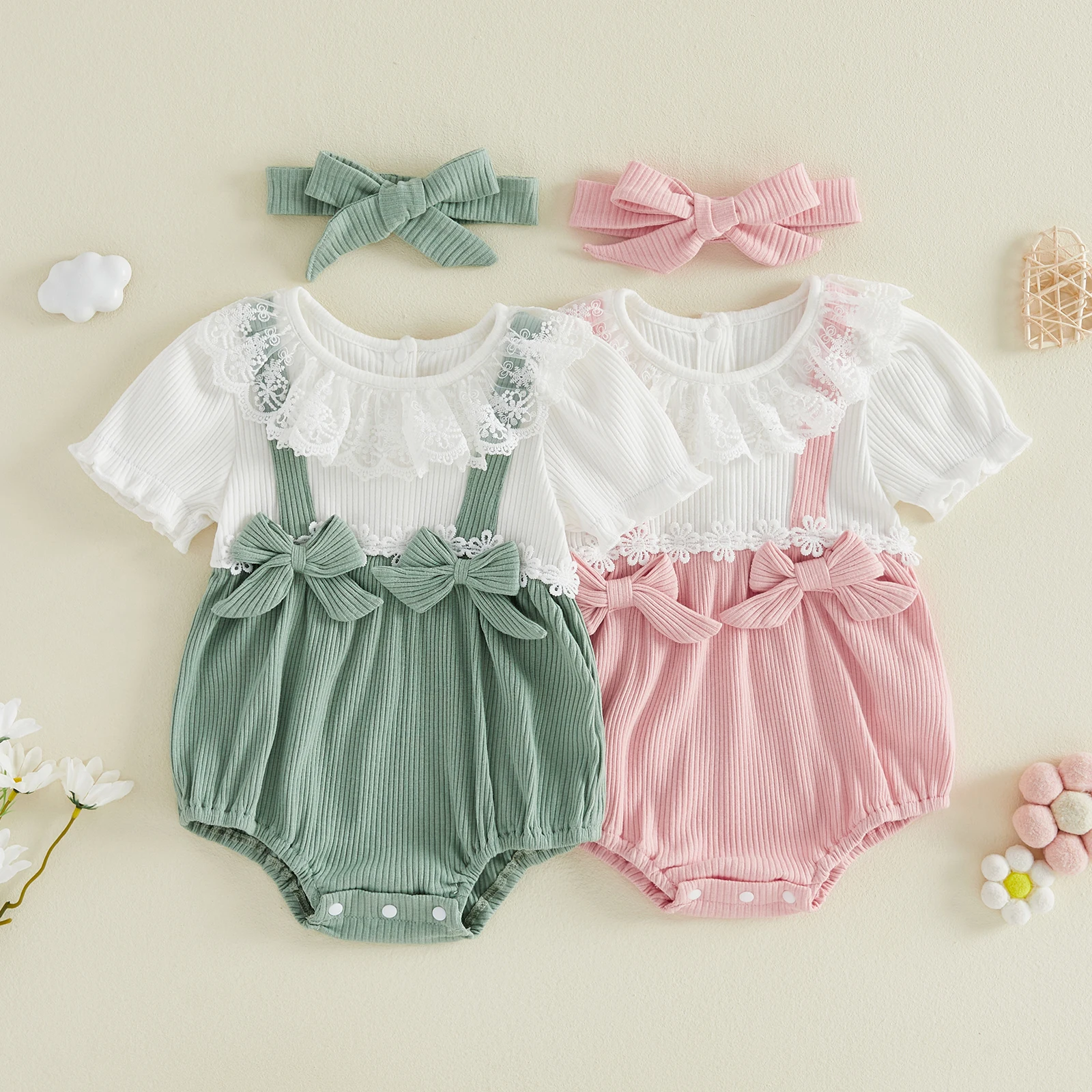 

Летний наряд для маленьких девочек от 0 до 18 месяцев, комбинезон с короткими рукавами и кружевной отделкой с бантом, имитация двух предметов, комплект из 2 предметов с повязкой на голову