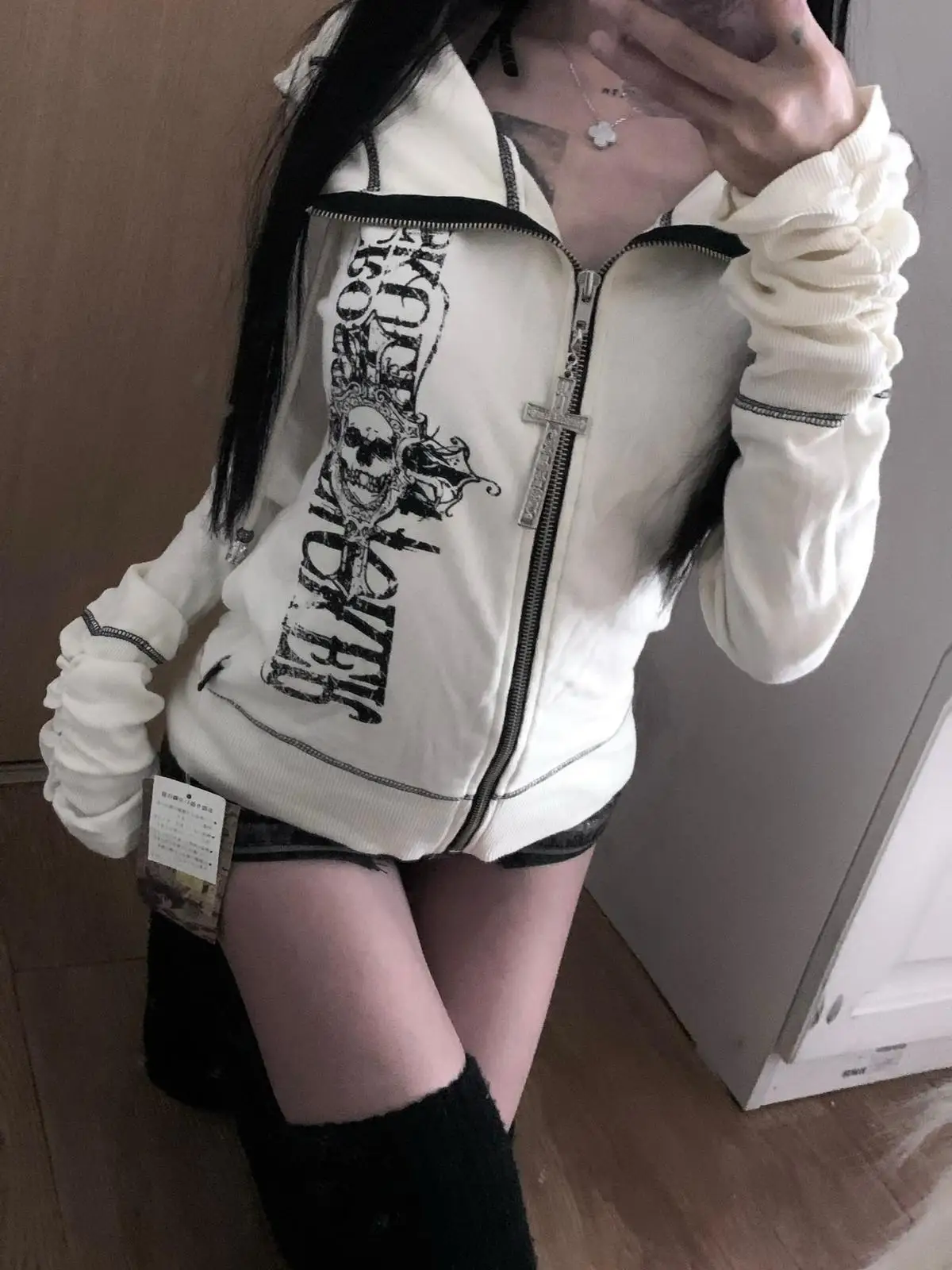 Harajuku Y2k القوطية معطف مقنع المرأة 2025 الخريف جديد عادية كل مباراة جاكيتات ثقافة فرعية اليابانية الأسود القمم Mujer البلوز #3