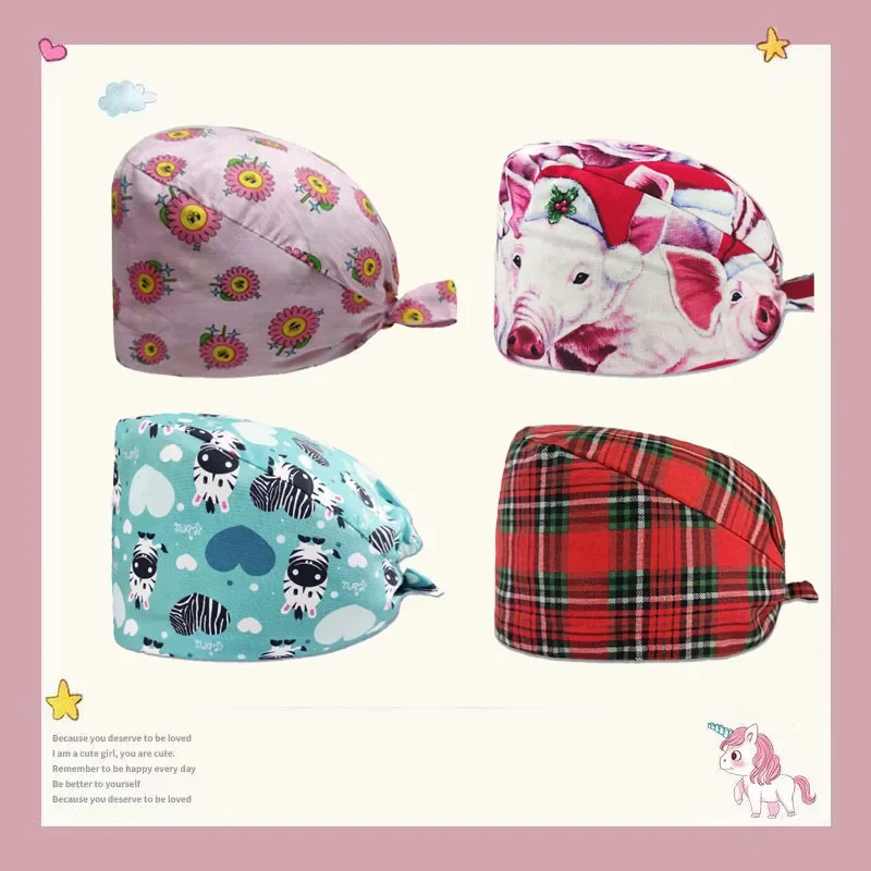 Urso Cirurgião Print Medical Scrub Cap, Enfermeira cirúrgica Hat, Tieback Straps, Hospital Veterinário Médico Dentista Skullcap, 100% Algodão