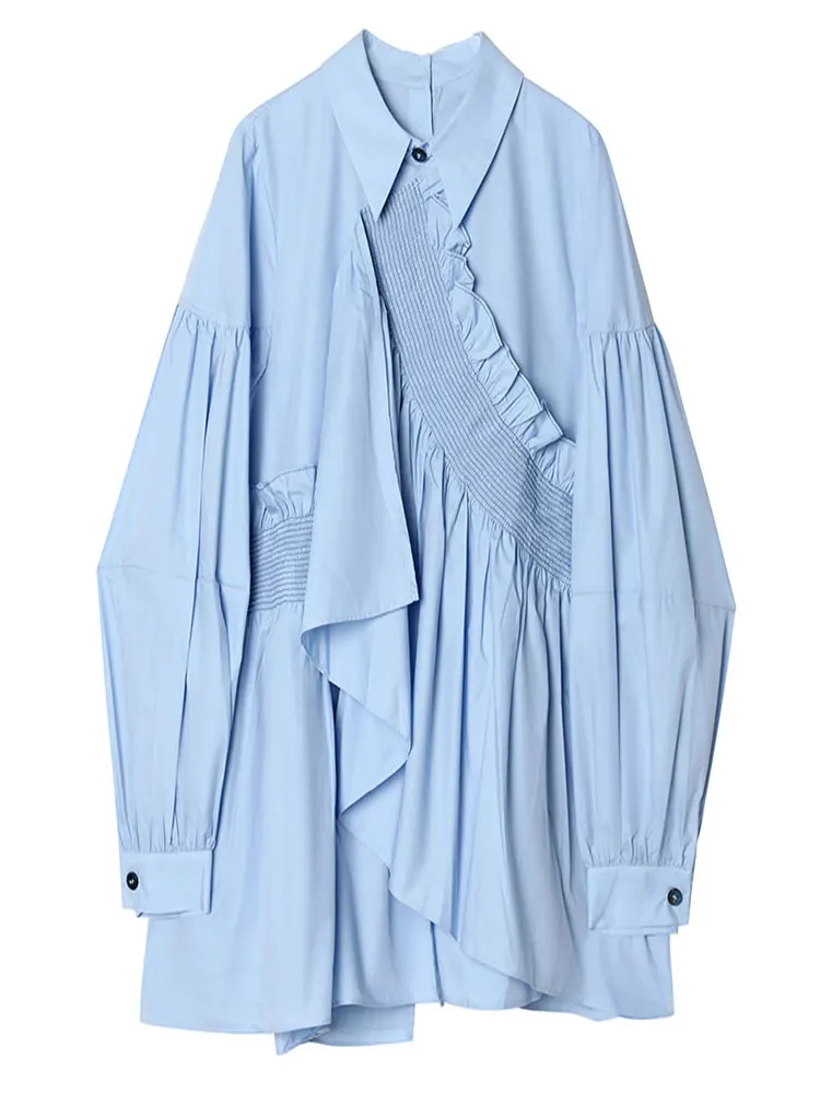 

Women Blue Irregular Pleated Casual Blouse New Lapel Long Sleeve Loose Fit Shirt Fashion Tide Spring Autumn 2022