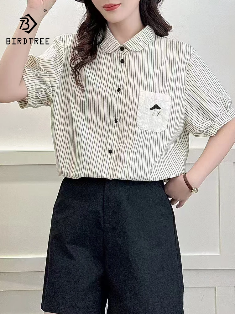 

New 2025 Summer Cotton Short Sleeve Shirt, Women Lapel Striped Pocket Embroidery, Mori Girl French Retro Loose Blouse T56021CC