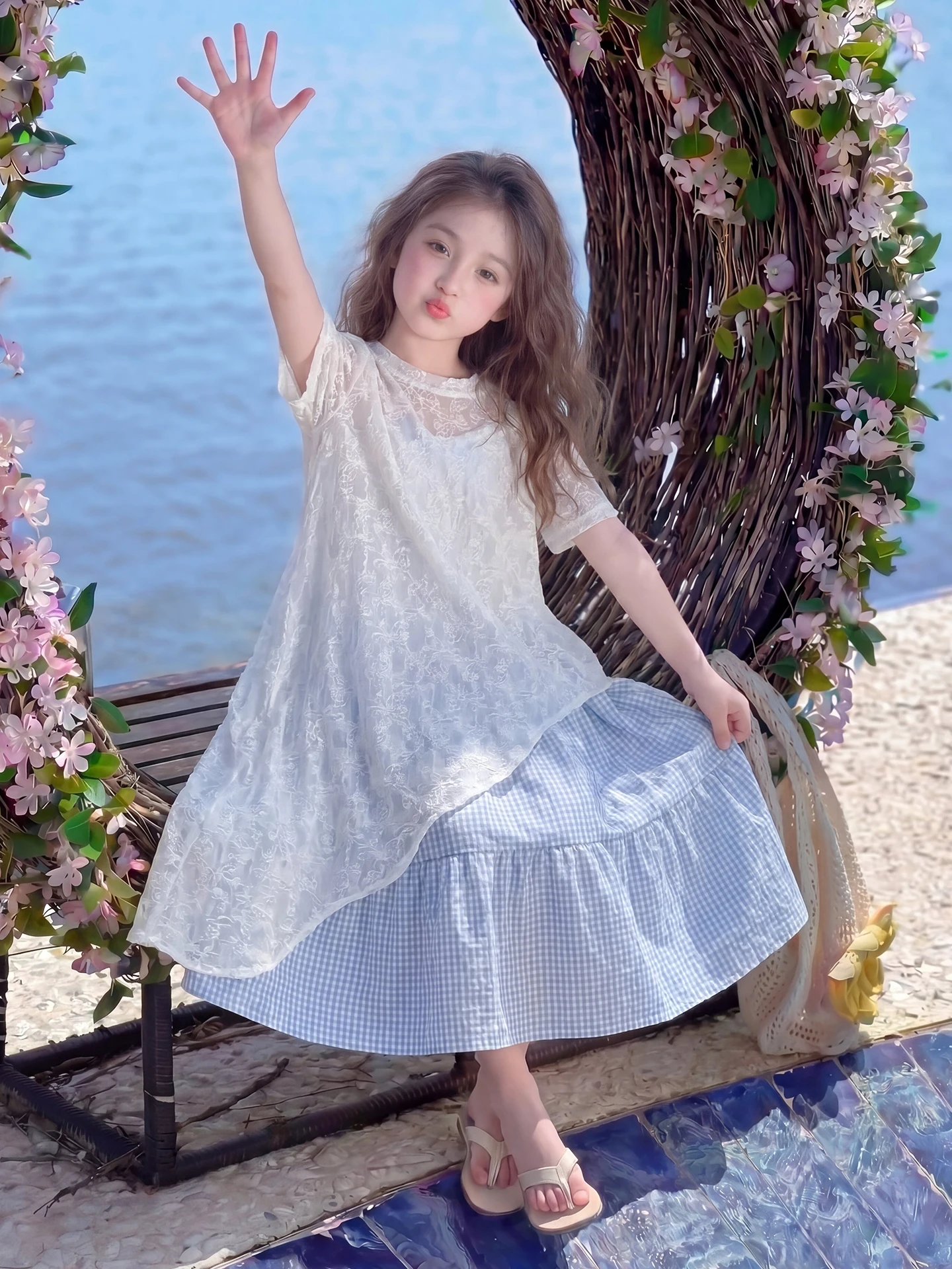 princess-style-lace-girls-dress-summer-fashionable-children's-clothing-short-sleeve-midi-skirt-light-oxygen-breathable-fabric