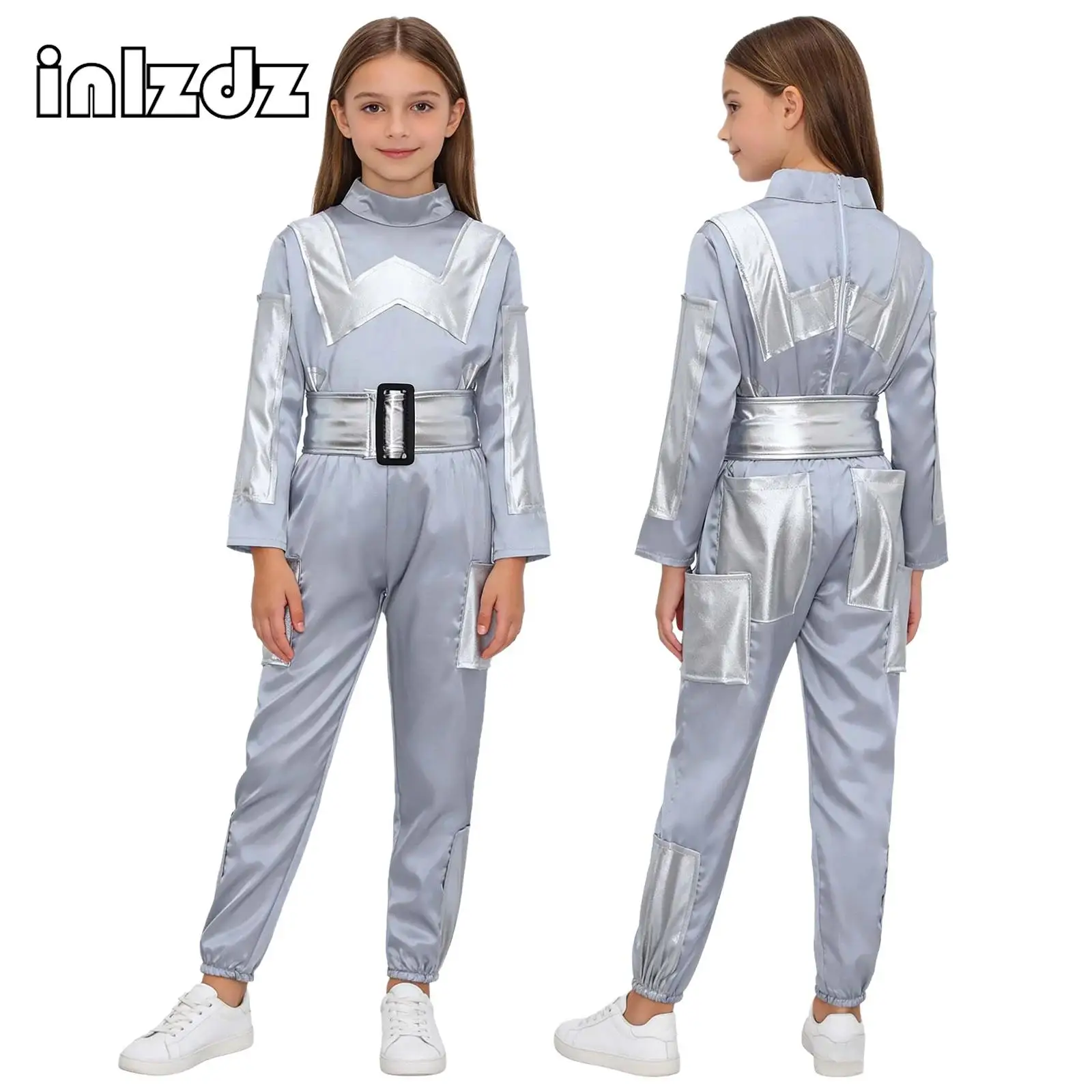 

Boys Girls AI Technology Sense Robot Cosplay Costume Halloween Party 3-piece Sliver Long Sleeved Top+Waistbelt+Long Pants Set