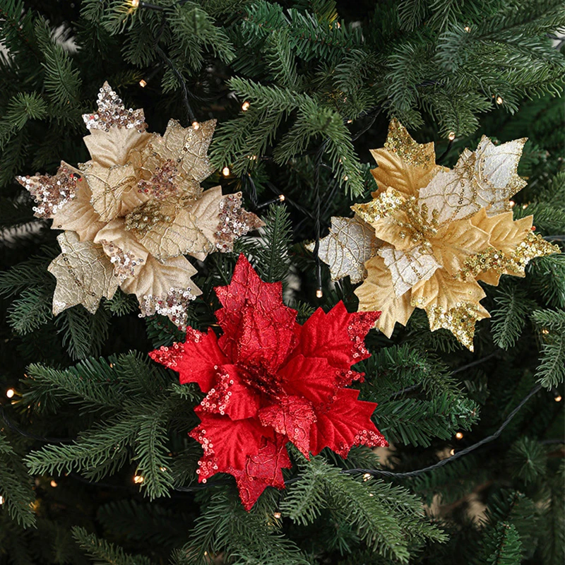 Flores artificiales de Navidad para decoración del hogar, 2 piezas, árbol de Feliz Navidad, flores falsas