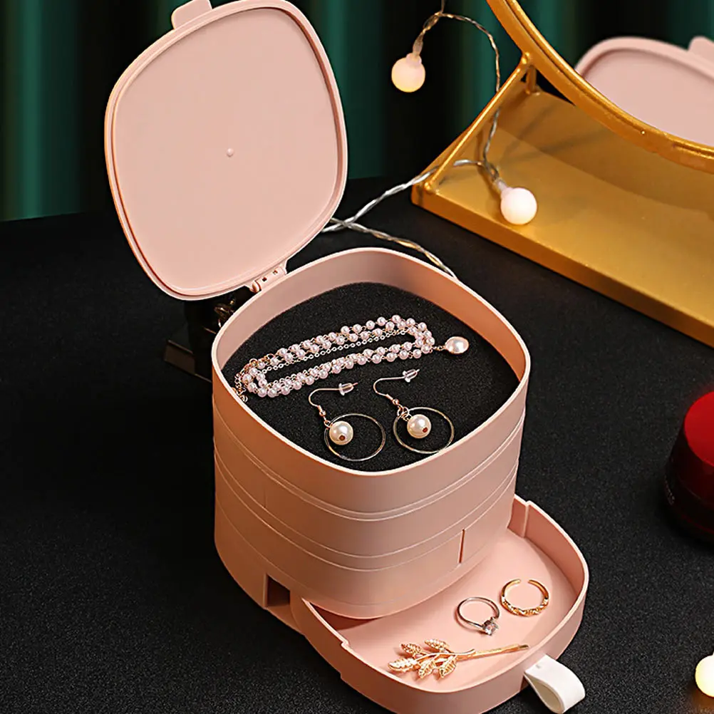 

4-Tier Rotating Jewelry Box Multilayer Storage Case Organizer Earrings Rings Necklaces Bracelets Keys Cylindrical Plastic Light