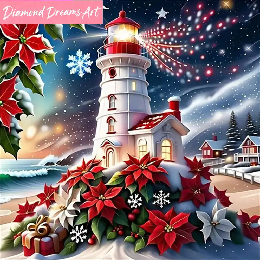 Neu eingetroffen: Diamant-Stickerei Leuchtturm-Landschaft DIY-Malerei Winter-Diamant-Mosaik Blumen Weihnachtsgeschenk Wandkunst, rahmenlos
