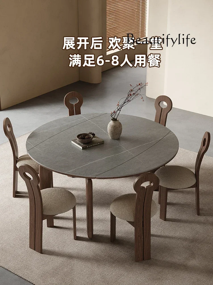 Retractable round rock slab solid wood dining table and chairs high-end square and round multi-functional folding table